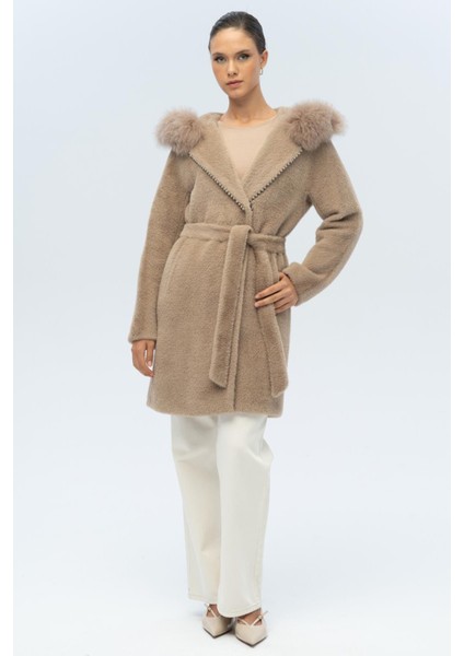 Kapüşonu Kürklü Inci Detaylı Peluş Kaban Vizon 3097-TK fırsatları