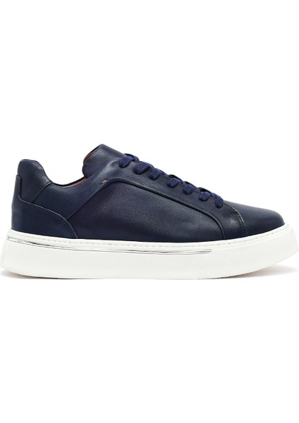 Erkek Lacivert Bağcıklı Kalın Tabanlı Deri Sneaker 25WFD685218