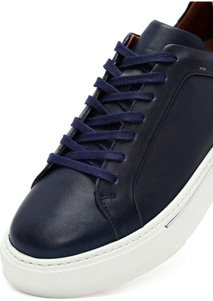 Erkek Lacivert Bağcıklı Kalın Tabanlı Deri Sneaker 25WFD685218