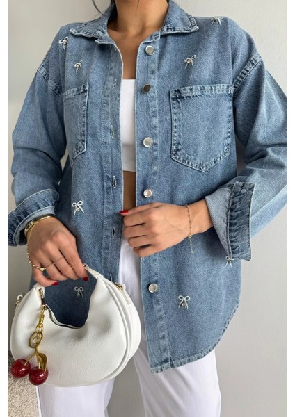 Kadın Nakış Detaylı Taş Işlemeli Çift Cepli Jean Kot Ceket P-00018104