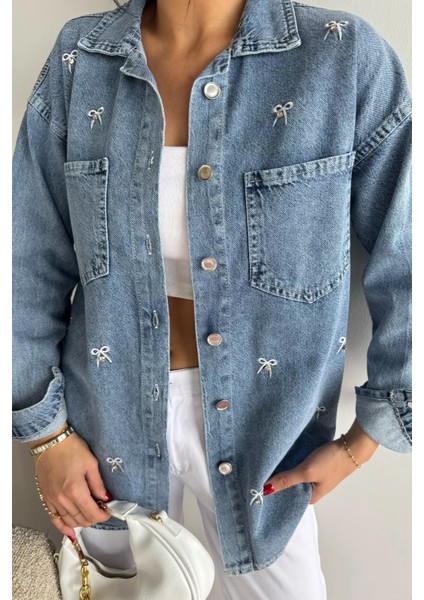 Kadın Nakış Detaylı Taş Işlemeli Çift Cepli Jean Kot Ceket P-00018104 modelleri