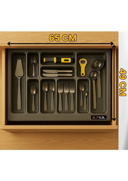 66x49 cm antrasit antibakteriyel kaşıklık, 60x40 cm'e kadar kesilebilir, çekmece içi kaşıklık