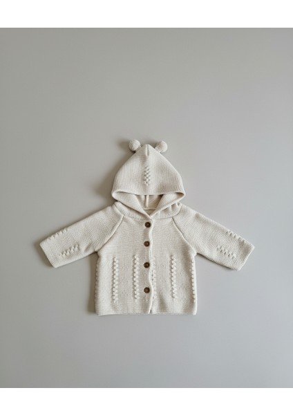 Ponponlu Kulak Detaylı Kapüşonlu Desenli Triko Bebek Hırkası