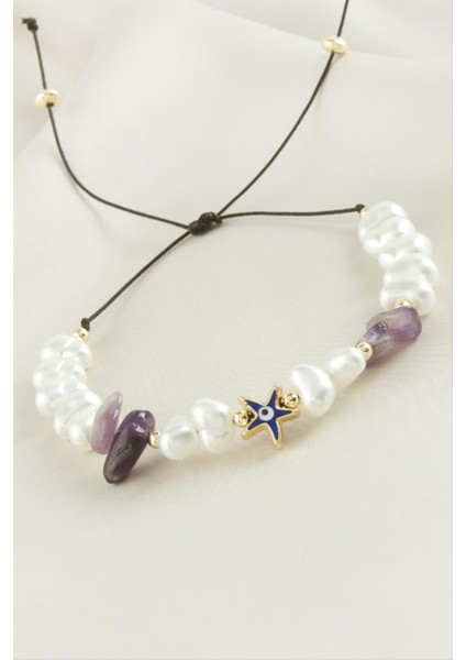Msa-Shop Deniz Yıldızı Kırık Doğaltaşlı Inci Bileklik-Renkli