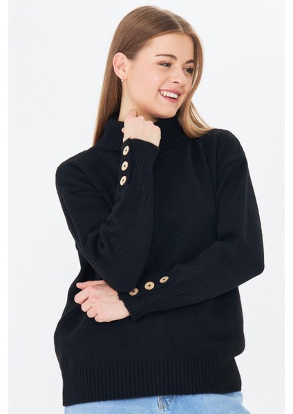 Kadın Balıkçı Yaka Kolu Düğmeli Kazak 11157