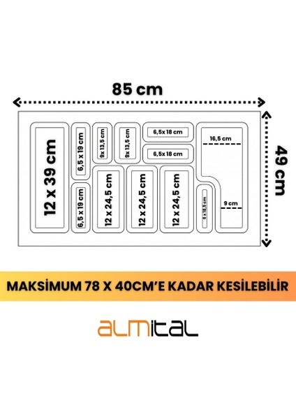 85x49 cm_Antrasit mikro kabartma desenli çekmece içi kaşıklık, ücretsiz kesim fiyatları