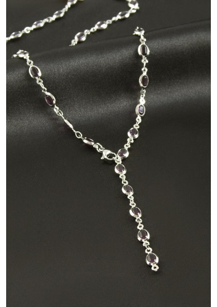 Msa-Shop Oval Zirkon Taşlı Çelik Y Kolye-Mor fiyatları