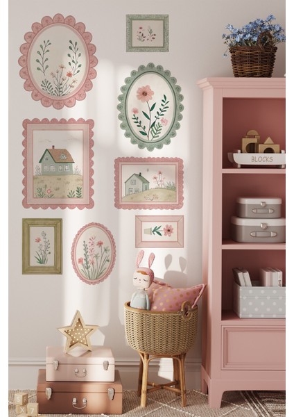 Pastoral Efektli Baharın Neşesi Temalı Çerçeve Görünümlü Sticker Poster Seti 8 Parça