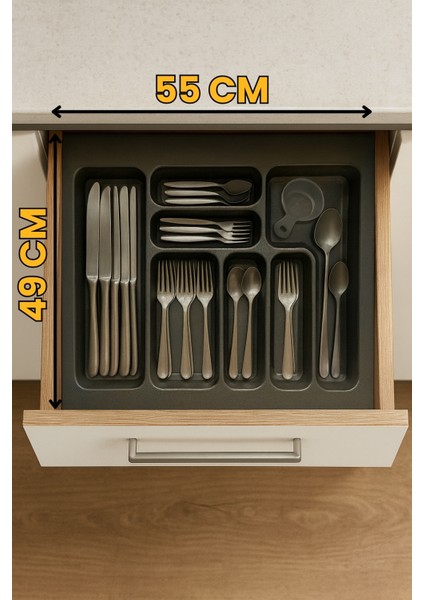 55x49 cm. Antrasit Çekmece İçi Kaşıklık 50x40 cm e kadar kesilebilir