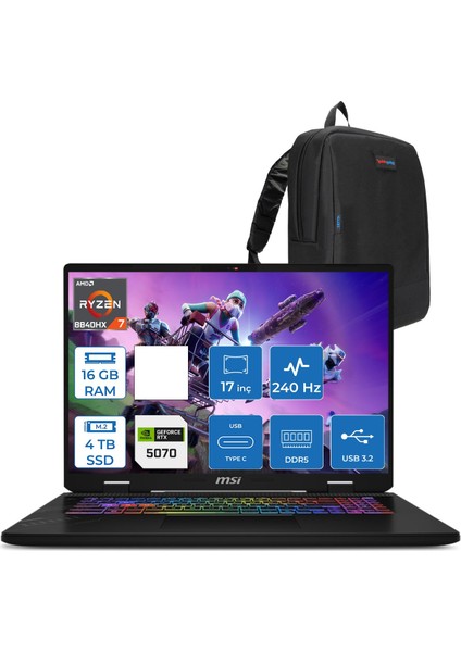 Msı Crosshair A17 Hx Amd Ryzen 7 8840HX 16GB Ddr5 4tb SSD 8GB/RTX5070/115W 16” Qhd+ (2560X1600) 240Hz IPS Windows 11 Pro Taşınabilir Bilgisayar D8WGKGP04 + Zettaçanta