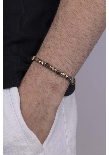 Hematit Geçişli Kaplan Gözü Doğal Taş Erkek Bileklik