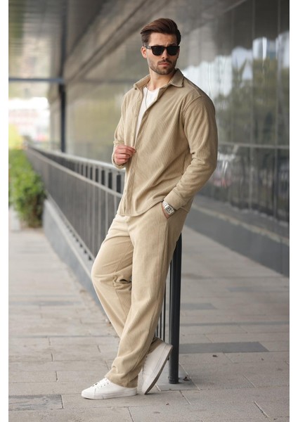 Bej Kadife Erkek Gömlek Pantolon Takım E7334