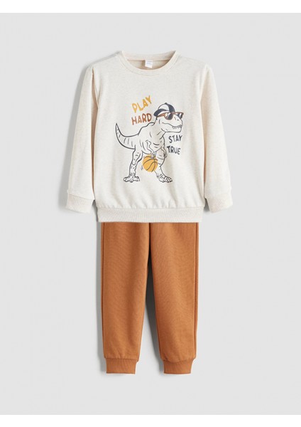 Lcw Kids Beyaz Bisiklet Yaka Baskılı Erkek Çocuk Sweatshirt ve Eşofman Alt 2'li