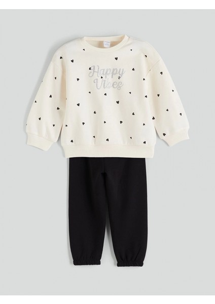 Lcw Kids Ekru Bisiklet Yaka Kız Çocuk Sweatshirt ve Eşofman Altı