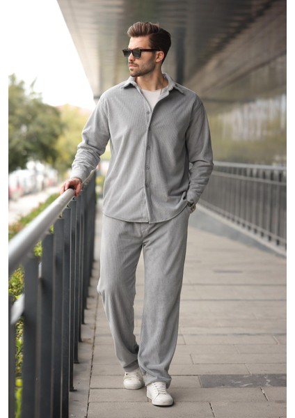 Boyalı Gri Kadife Erkek Gömlek Pantolon Takım E7334