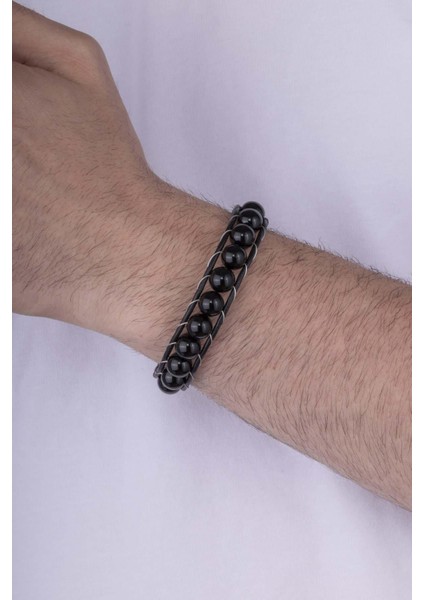 10 mm Oniks Taşlı Deri Geçişli Erkek Doğal Taş Bileklik