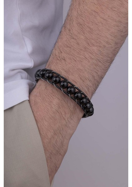 10 mm Oniks Taşlı Deri Geçişli Erkek Doğal Taş Bileklik fiyatları