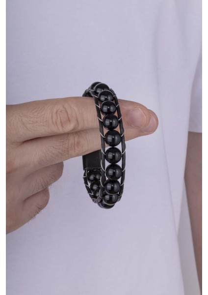 10 mm Oniks Taşlı Deri Geçişli Erkek Doğal Taş Bileklik modelleri