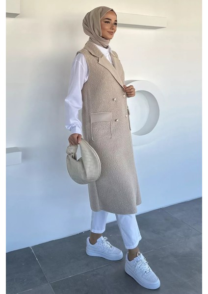 Gold Düğme Detaylı Çift Cepli Tesettür Buklet Yelek P-00018413