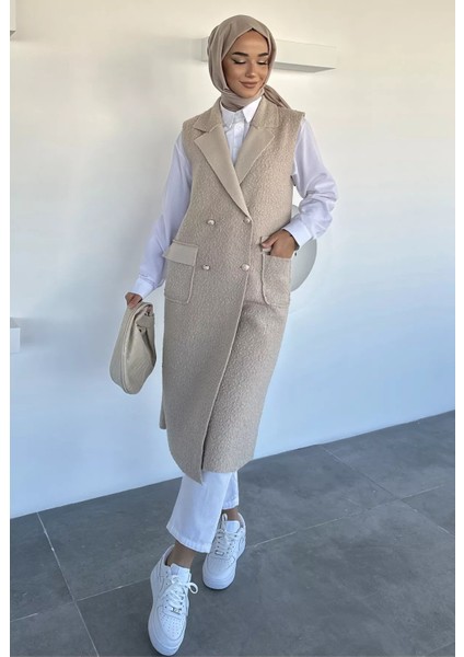 Gold Düğme Detaylı Çift Cepli Tesettür Buklet Yelek P-00018413 fırsatları