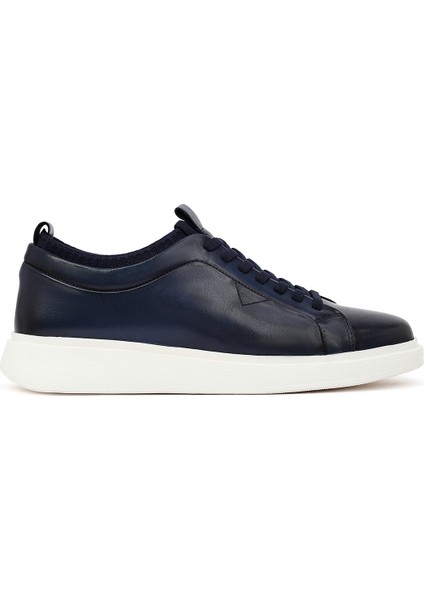 Erkek Lacivert Bağcıklı Kalın Tabanlı Deri Sneaker 25WFD693618