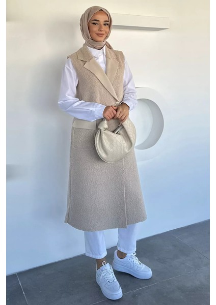 Gold Düğme Detaylı Çift Cepli Tesettür Buklet Yelek P-00018413 fiyatları