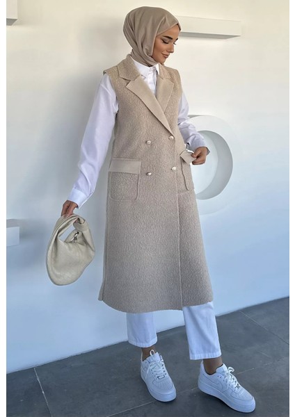 Gold Düğme Detaylı Çift Cepli Tesettür Buklet Yelek P-00018413 modelleri