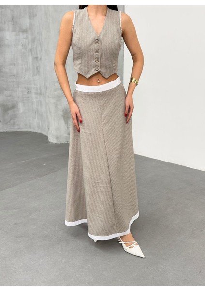 Gi̇o Çi̇zgi̇li̇ Garni̇li̇ Mi̇di̇ Etek Yelek Takim