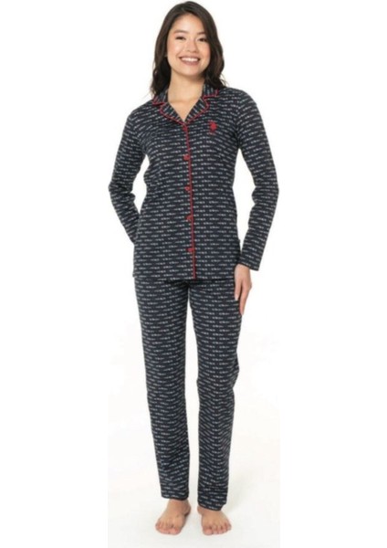 Kadın Lacivert Pamuklu Lisanslı Çeyizlik Önden Düğmeli Pijama Takımı 20144