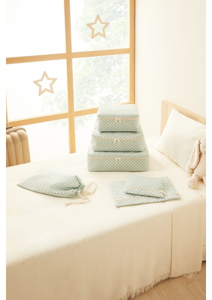 6'lı Mint Dama Desen Pamuklu Bavul Içi Düzenleyici Set