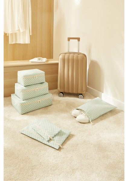 6'lı Mint Dama Desen Pamuklu Bavul Içi Düzenleyici Set modelleri