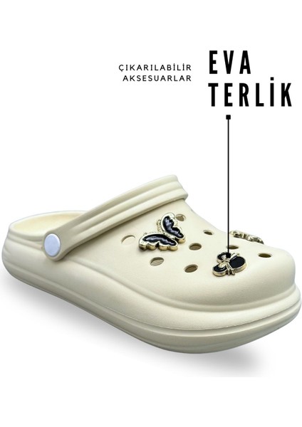 Aksesuarlı 4 cm Kalın Taban Kadın Sabo Terlik Hastane Terliği 1024 Bej