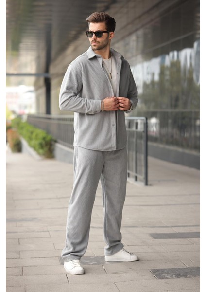 Boyalı Gri Kadife Erkek Gömlek Pantolon Takım E7334 modelleri