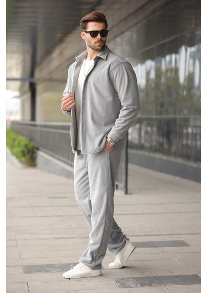 Boyalı Gri Kadife Erkek Gömlek Pantolon Takım E7334 fırsatları