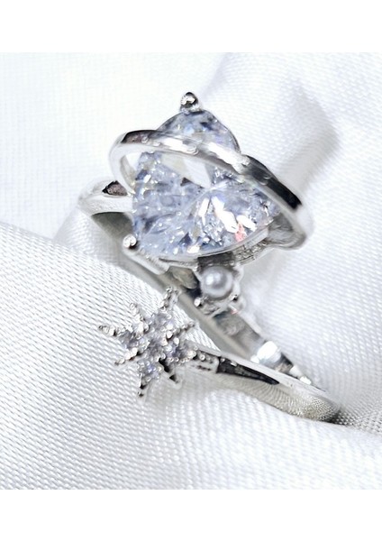 Yıldız ve Kalpli Tek Taş Y2K Ayarlanabilir Yüzük