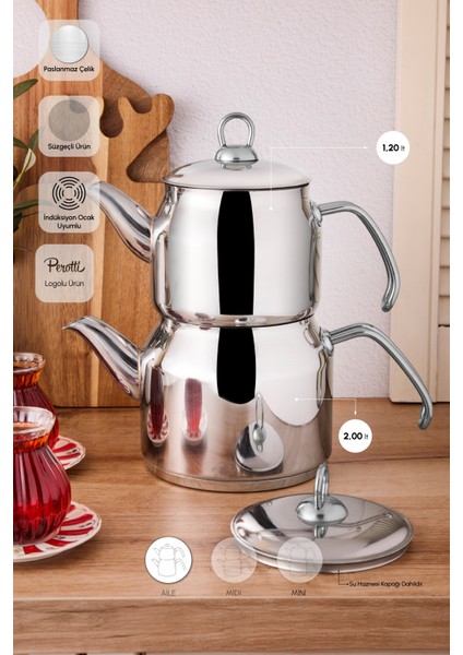 Tahtakale Indüksiyon Tabanlı Aile Çelik Çaydanlık Takımı 1.20LT - 2.00LT fiyatları