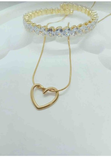 Gold Kalp Kolye, Esnek Tamtur Kalpli Bileklik Set