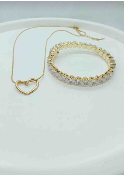 Gold Kalp Kolye, Esnek Tamtur Kalpli Bileklik Set modelleri