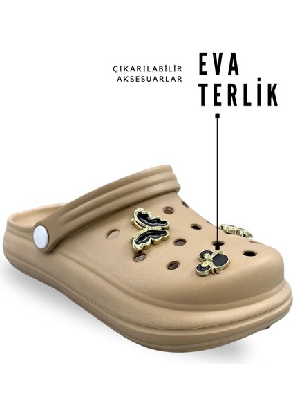 Aksesuarlı 4 cm Kalın Taban Kadın Sabo Terlik Hastane Terliği 1019 Vizon fırsatları