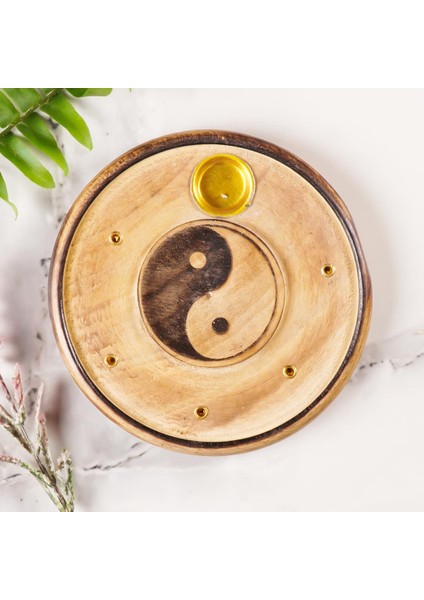 Yin Yang Temalı Yuvarlak Ahşap Konik Tütsülük