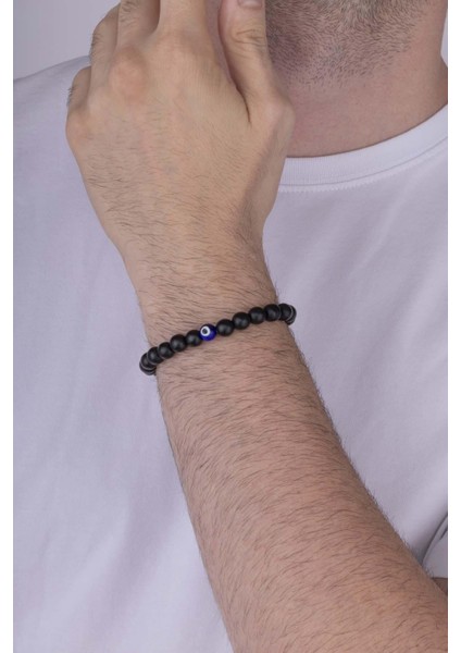 Nazar Boncuğu Detaylı Oniks Taşlı Doğal Taş Erkek Bileklik