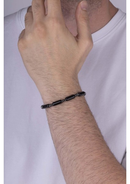 Silindir Kesim Hematit Geçişli Oniks Taşlı Doğal Taş Erkek Bileklik