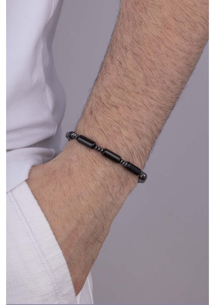 Silindir Kesim Hematit Geçişli Oniks Taşlı Doğal Taş Erkek Bileklik fiyatları