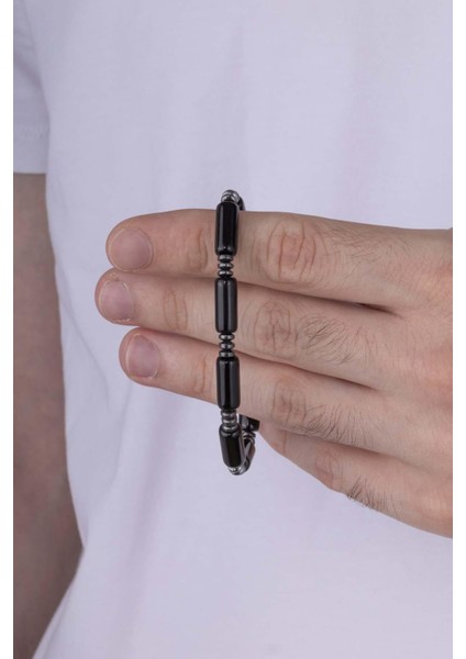 Silindir Kesim Hematit Geçişli Oniks Taşlı Doğal Taş Erkek Bileklik modelleri