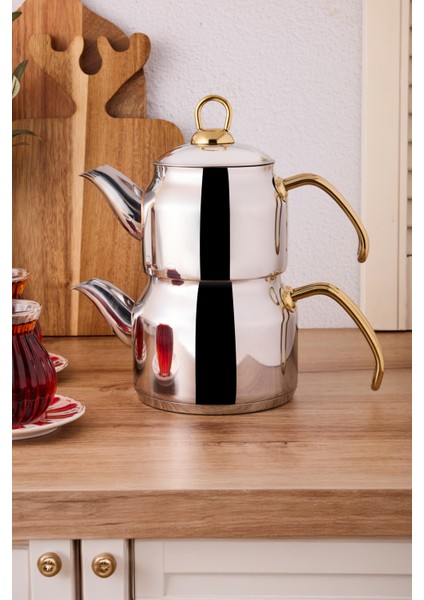 Tahtakale Gold Indüksiyon Tabanlı Mini Çelik Çaydanlık Takımı 0.80LT - 1.20LT