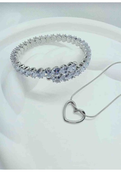 Silver Kalp Kolye, Esnek Tamtur Kalpli Bileklik Set