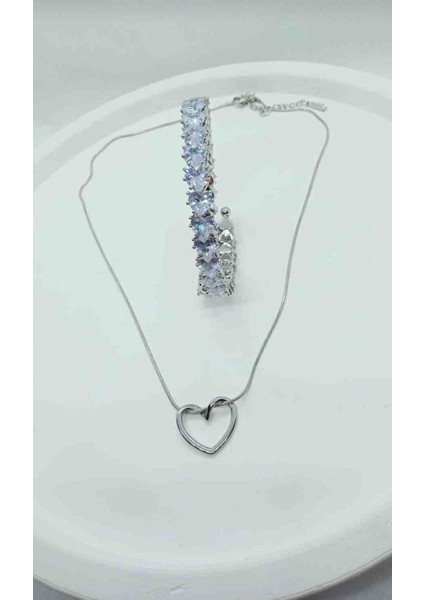 Silver Kalp Kolye, Esnek Tamtur Kalpli Bileklik Set fırsatları