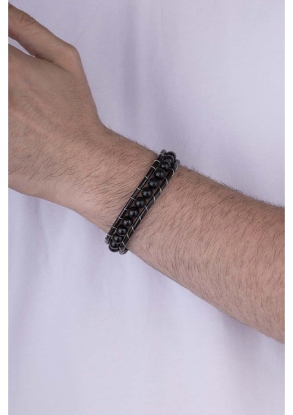 Deri Geçişli Oniks Taşlı Erkek Bileklik