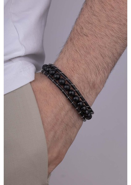Deri Geçişli Oniks Taşlı Erkek Bileklik fiyatları