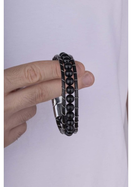 Deri Geçişli Oniks Taşlı Erkek Bileklik modelleri